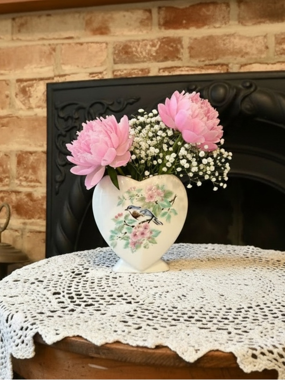 Heart-Shaped Porcelain Bud Vase with Bluebird  Design